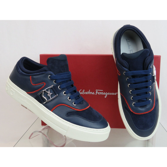 $795 FERRAGAMO NORIS NAVY LEATHER RED SUEDE SF LOGO WHITE SNEAKERS 10 M ITALY main image 5